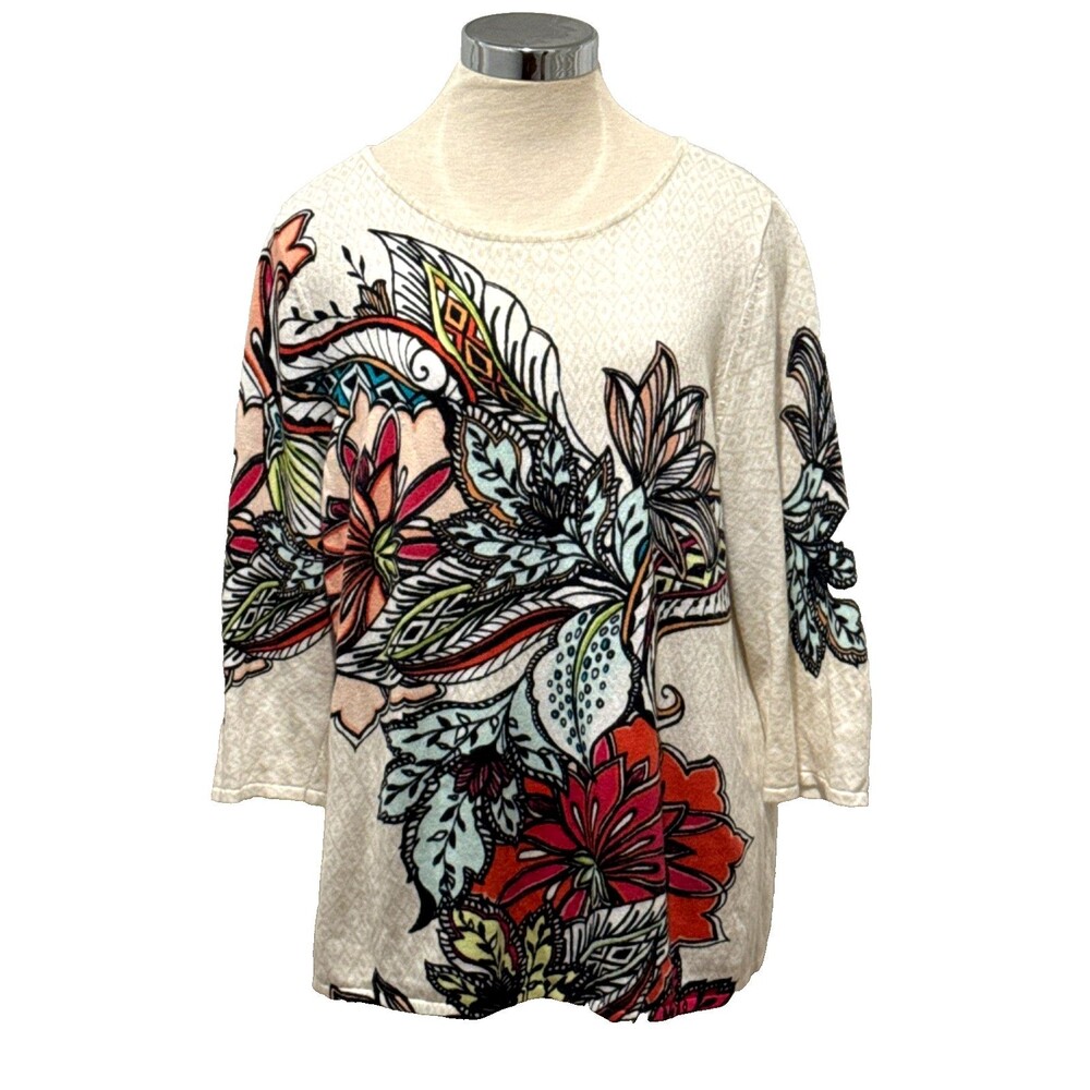 CHICO'S Sz. 3 Beige Floral Whimsical PullOver 3/4 sleeve Lightweight Sweater Top